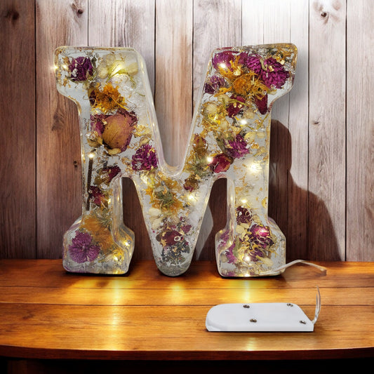Personalized Floral Resin Letter Decor with LED | Real Pressed Flowers Wedding Gift for Him & Her | Unique Keepsake for Anniversary or Home