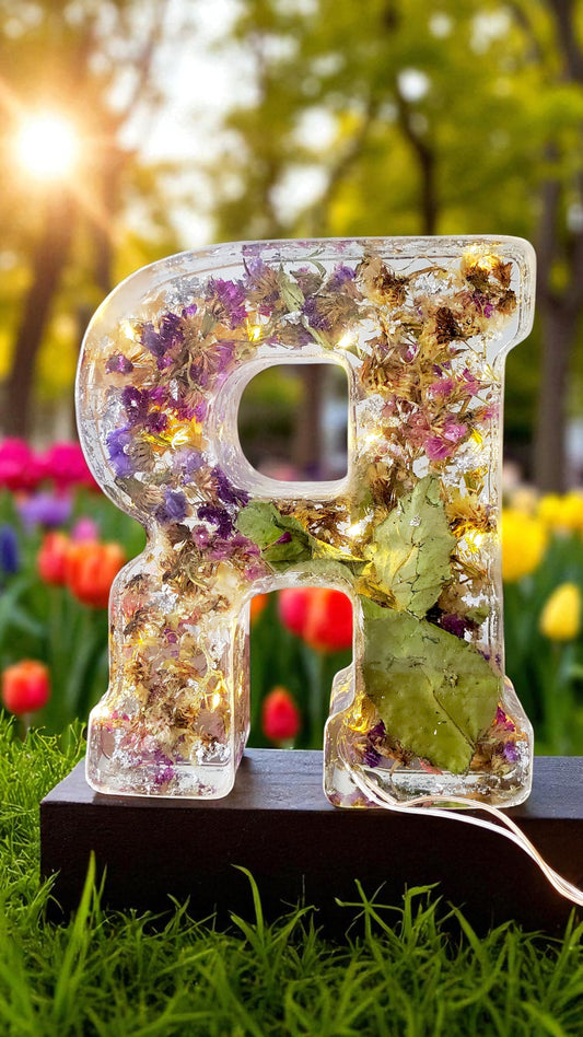 LED Resin Initial | Real Dried Flowers | Personalized Floral Keepsake | Boho Aesthetic, Illuminated Letters | Memorial Letter | Made for You