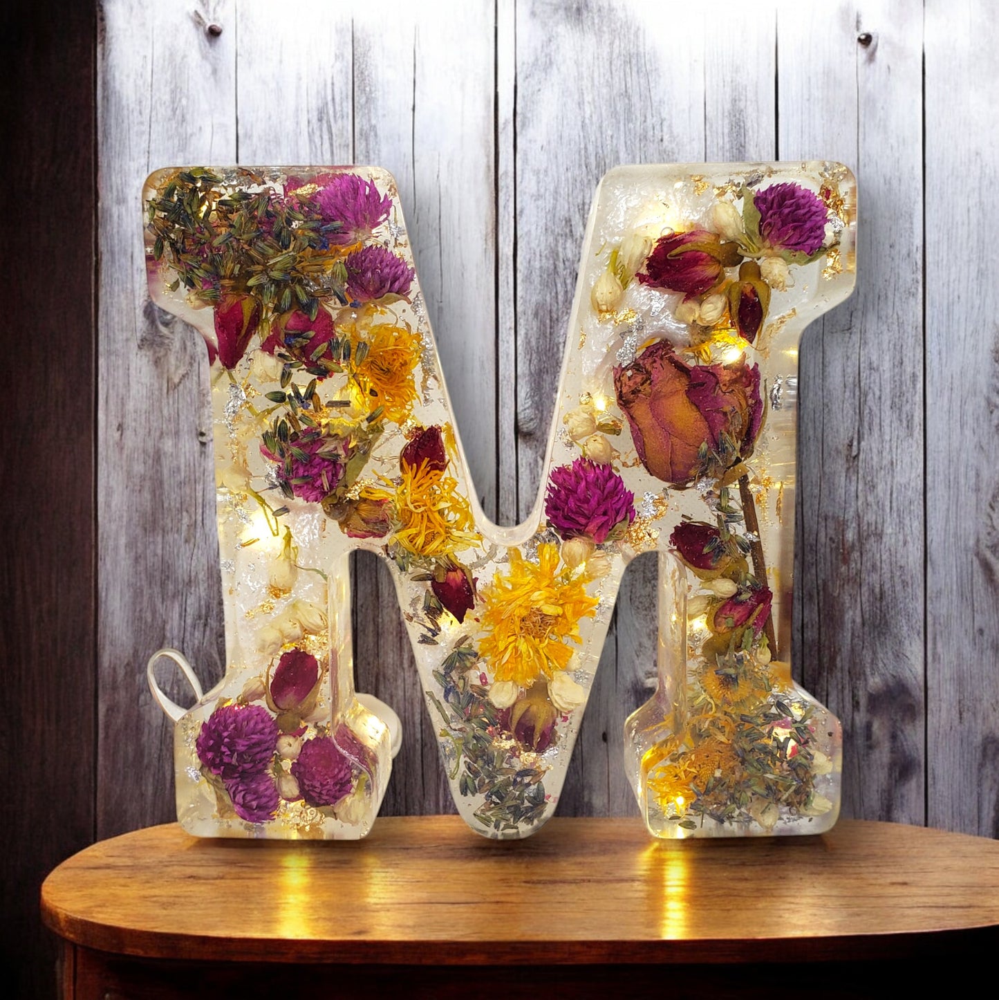 Personalized Floral Resin Letter Decor with LED | Real Pressed Flowers Wedding Gift for Him & Her | Unique Keepsake for Anniversary or Home