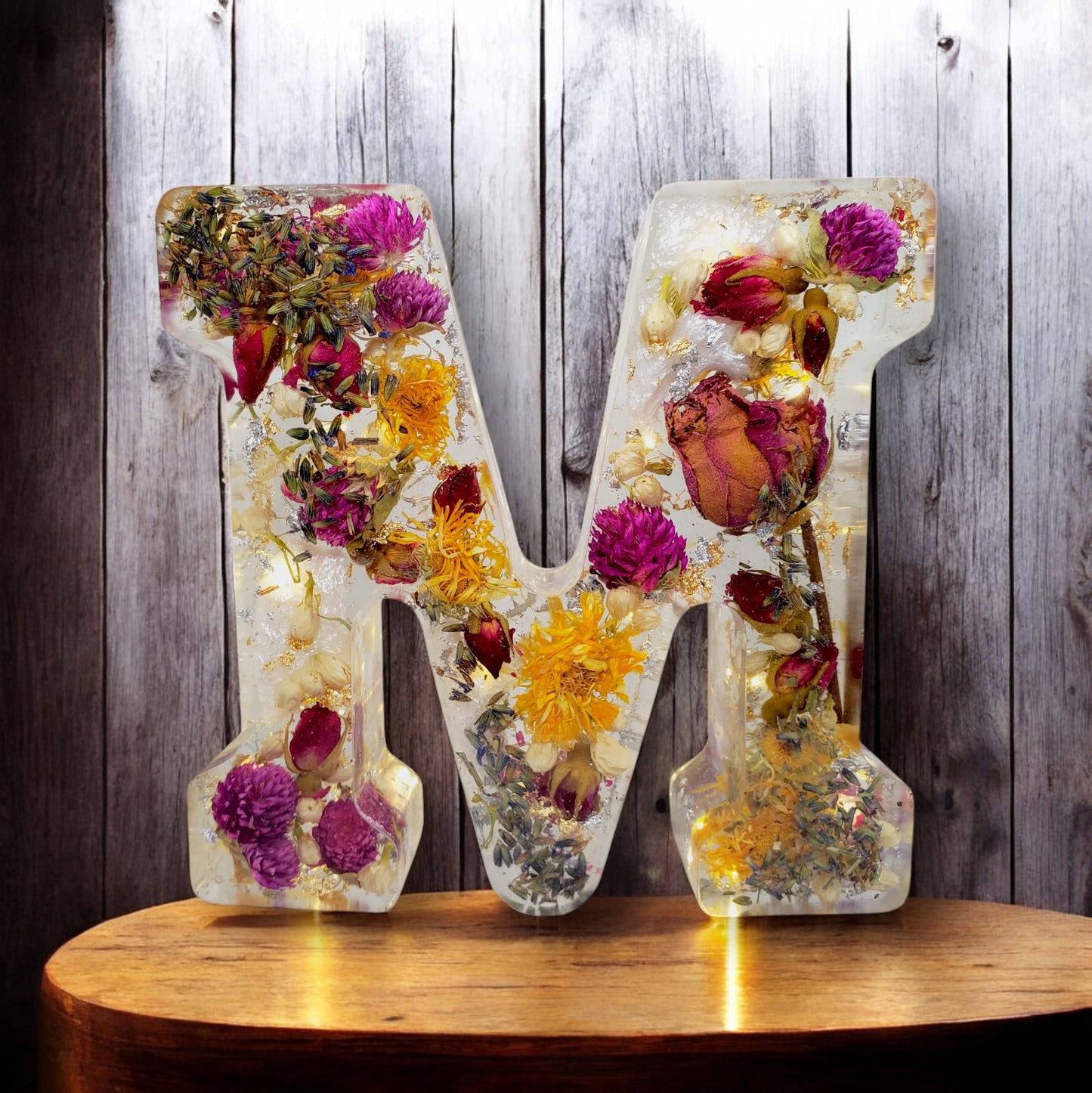 Personalized Floral Resin Letter Decor with LED | Real Pressed Flowers Wedding Gift for Him & Her | Unique Keepsake for Anniversary or Home