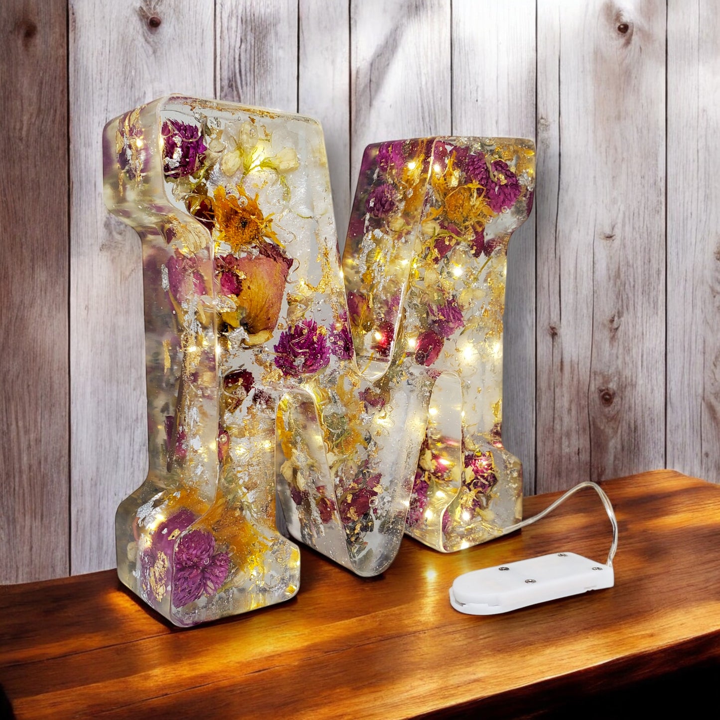 Personalized Floral Resin Letter Decor with LED | Real Pressed Flowers Wedding Gift for Him & Her | Unique Keepsake for Anniversary or Home