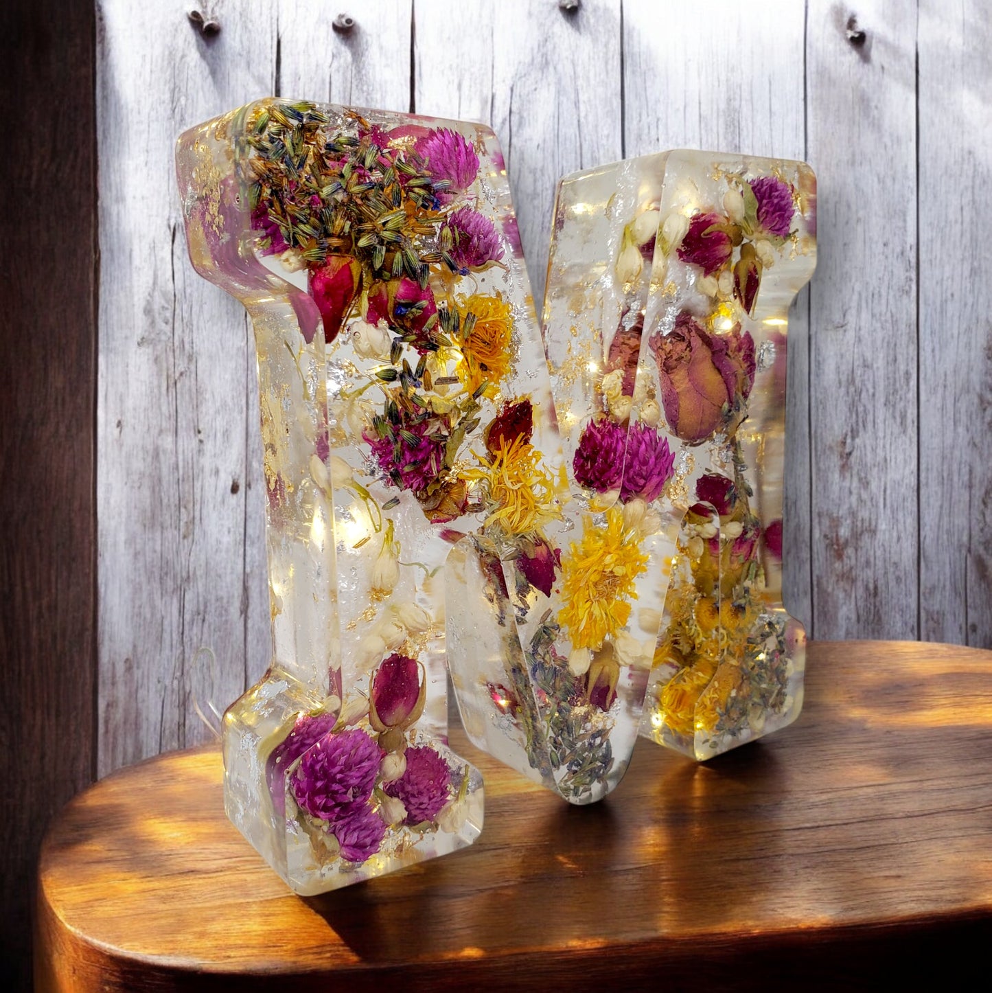 Personalized Floral Resin Letter Decor with LED | Real Pressed Flowers Wedding Gift for Him & Her | Unique Keepsake for Anniversary or Home