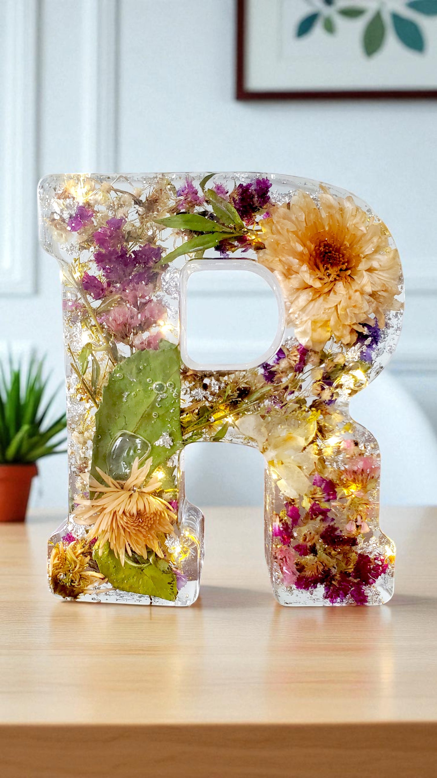 LED Resin Initial | Real Dried Flowers | Personalized Floral Keepsake | Boho Aesthetic, Illuminated Letters | Memorial Letter | Made for You