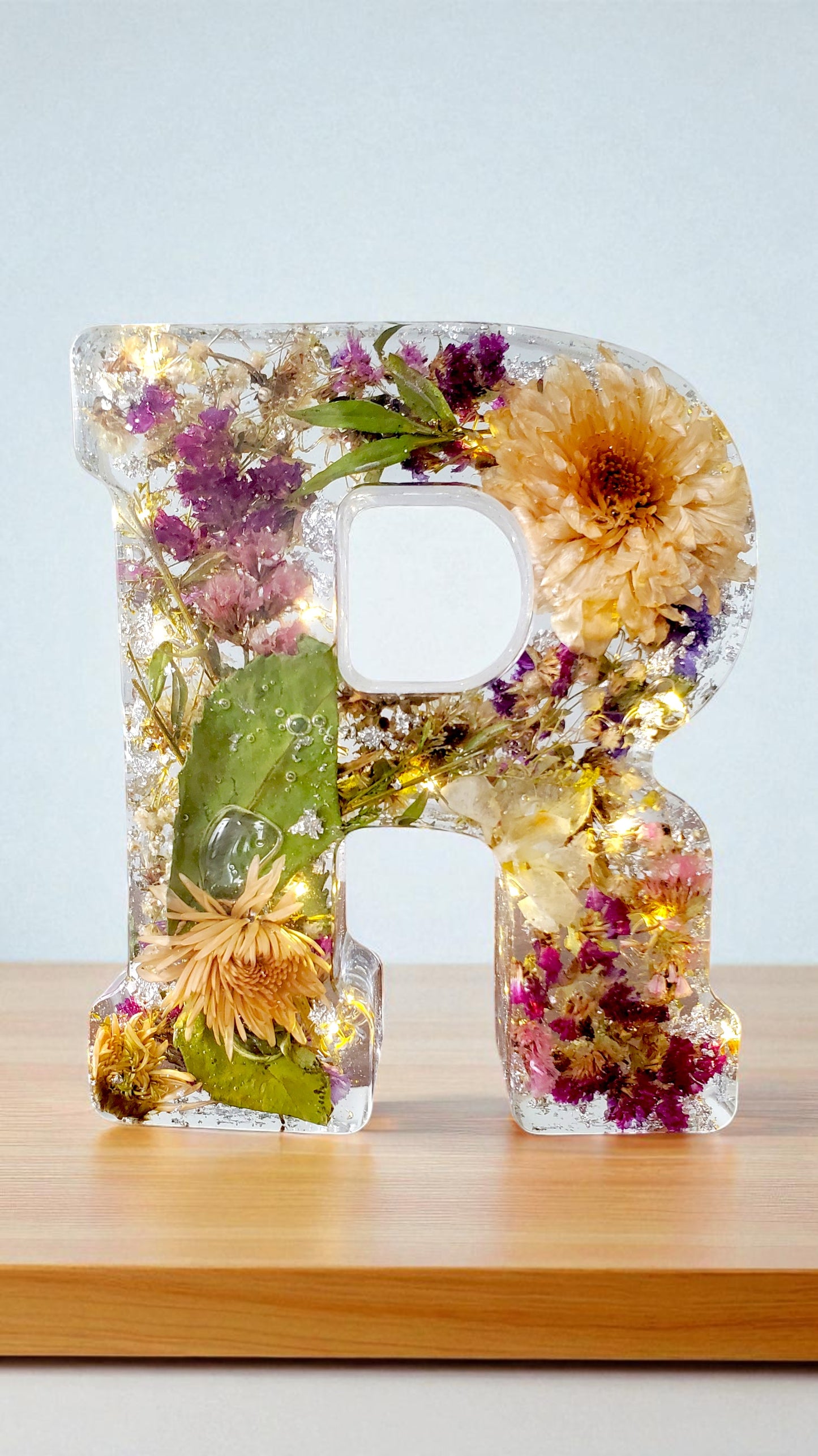 LED Resin Initial | Real Dried Flowers | Personalized Floral Keepsake | Boho Aesthetic, Illuminated Letters | Memorial Letter | Made for You